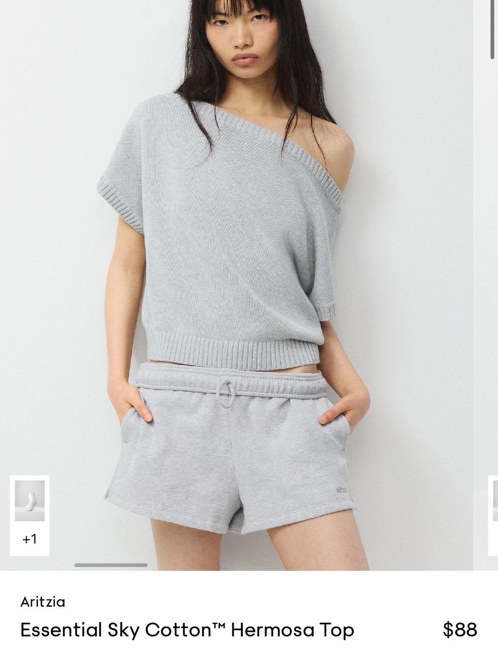 Aritzia Hermosa Gray Off-Shoulder Cotton Blend Sweater Top